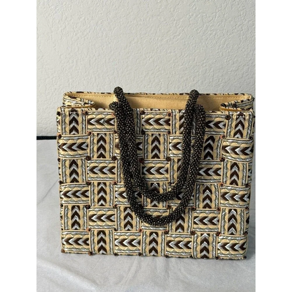 Vintage Vanessa Woven Handbag Beaded Handle Chevron Geometric Tote Purse MINT